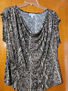 dressbarn Snake-Print Drape Front Top in Beige, Black